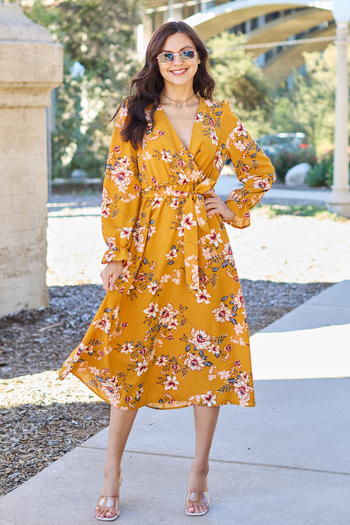 Double Take Floral Tie Back Flounce Sleeve Dress