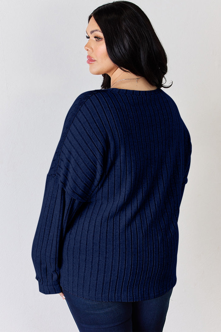 Basic Bae Ribbed Half Button Long Sleeve T-Shirt