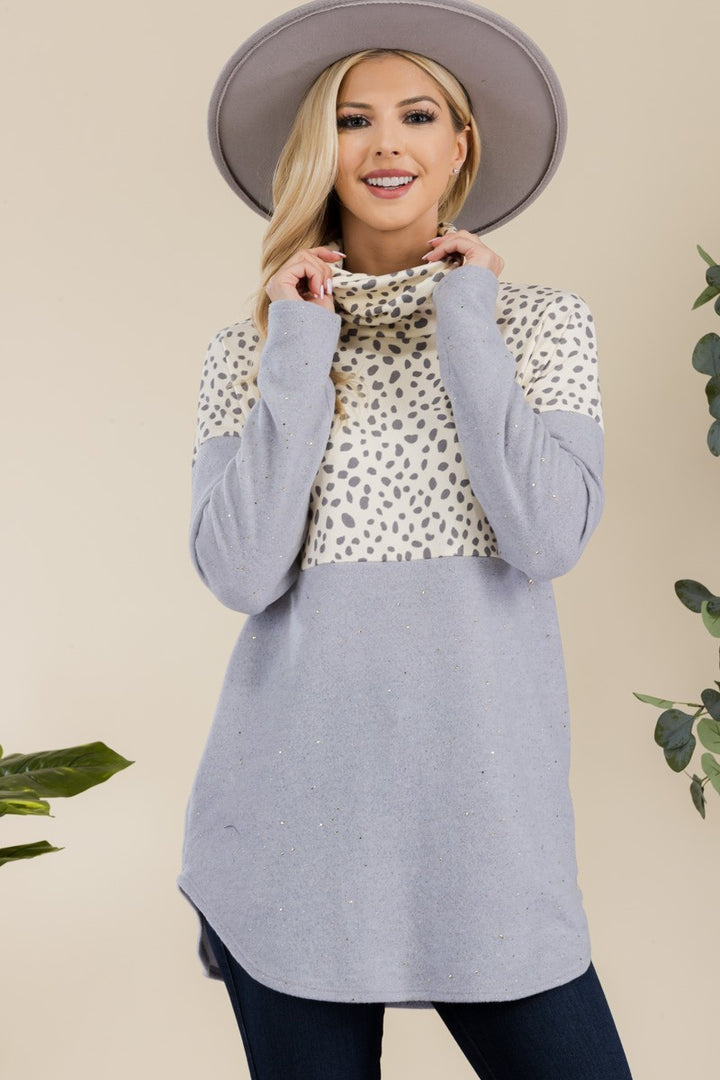 Celeste Curved Hem Printed Turtleneck Long Sleeve Blouse