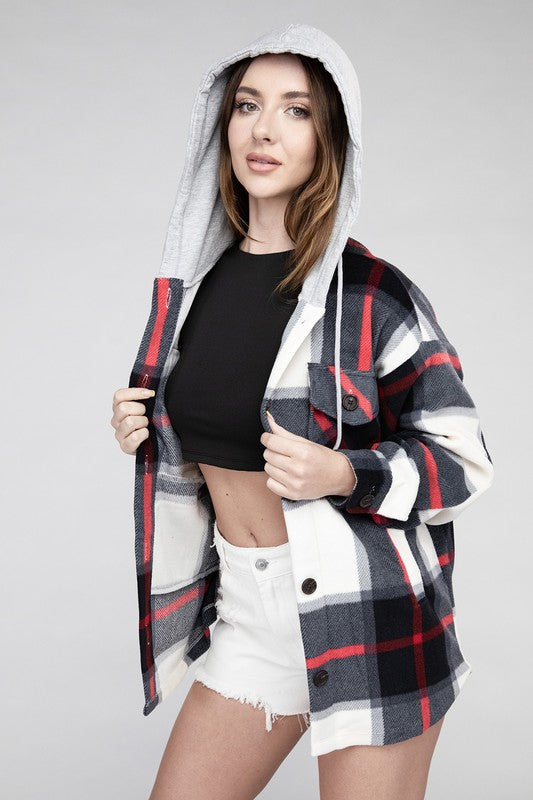 Zenana Plaid Drawstring Hooded Fleece Shacket