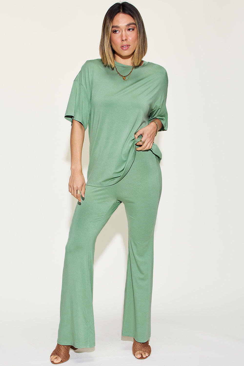 Basic Bae Bamboo Drop Shoulder Top & Flare Pants Set