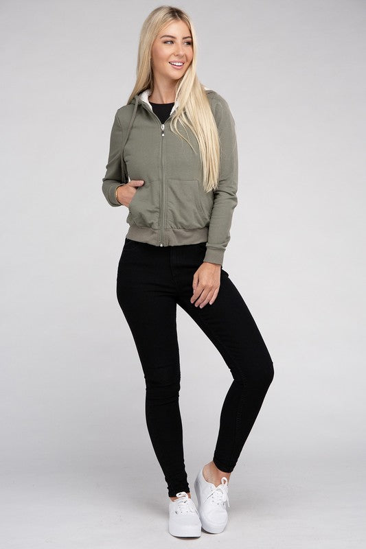 Ambiance Fuzzy Trim Zip-Up Crop Hoodie