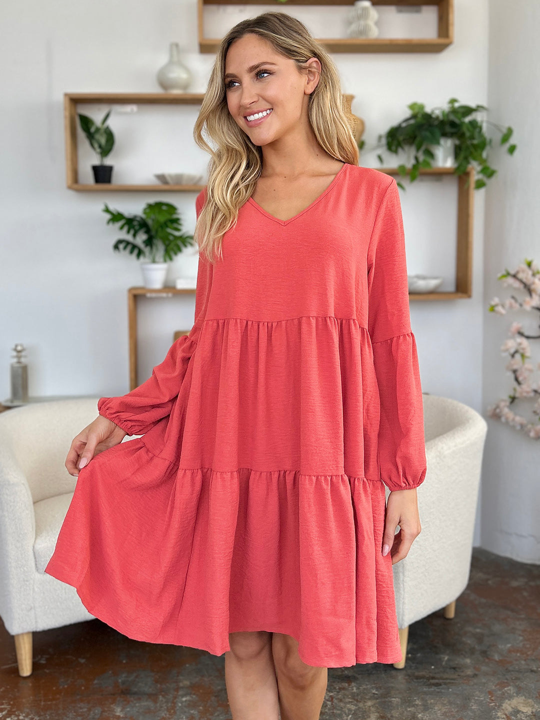 Double Take V-Neck Balloon Sleeve Tiered Dress with Pockets