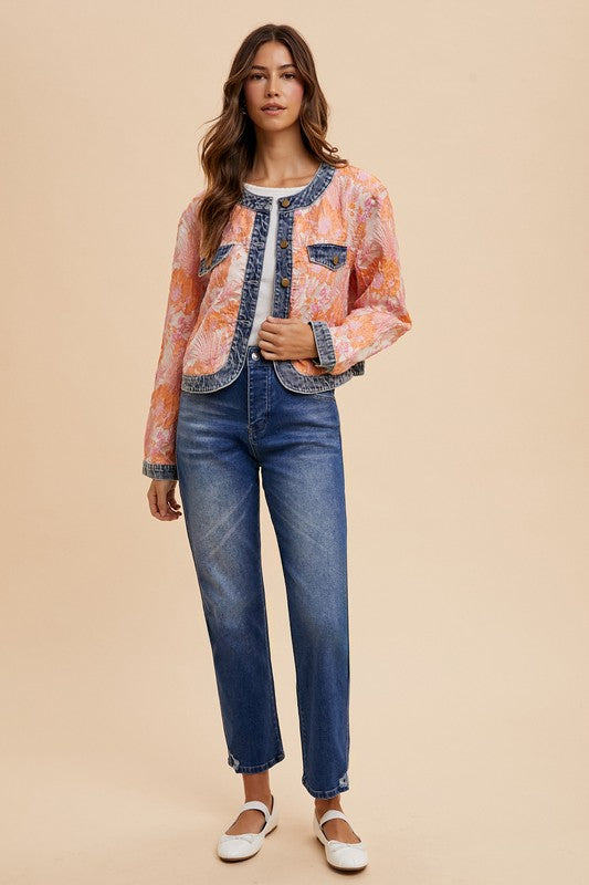 Annie Wear Floral Jacquard Denim Contrast Button Down Jacket