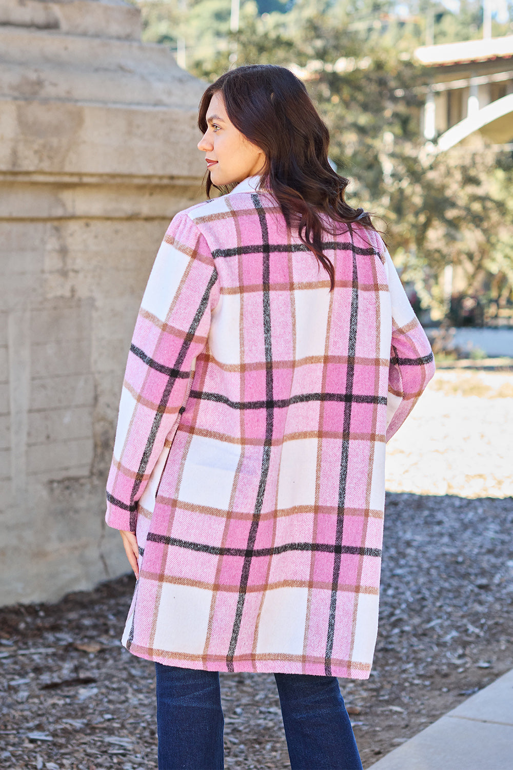 Double Take Plaid Button Up Lapel Collar Coat