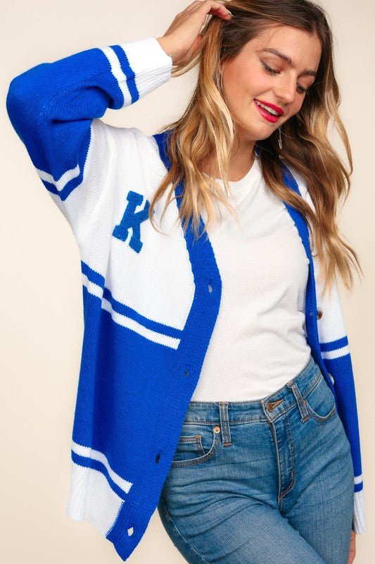 Haptics Letter Patch Contrast V-Neck Cardigan