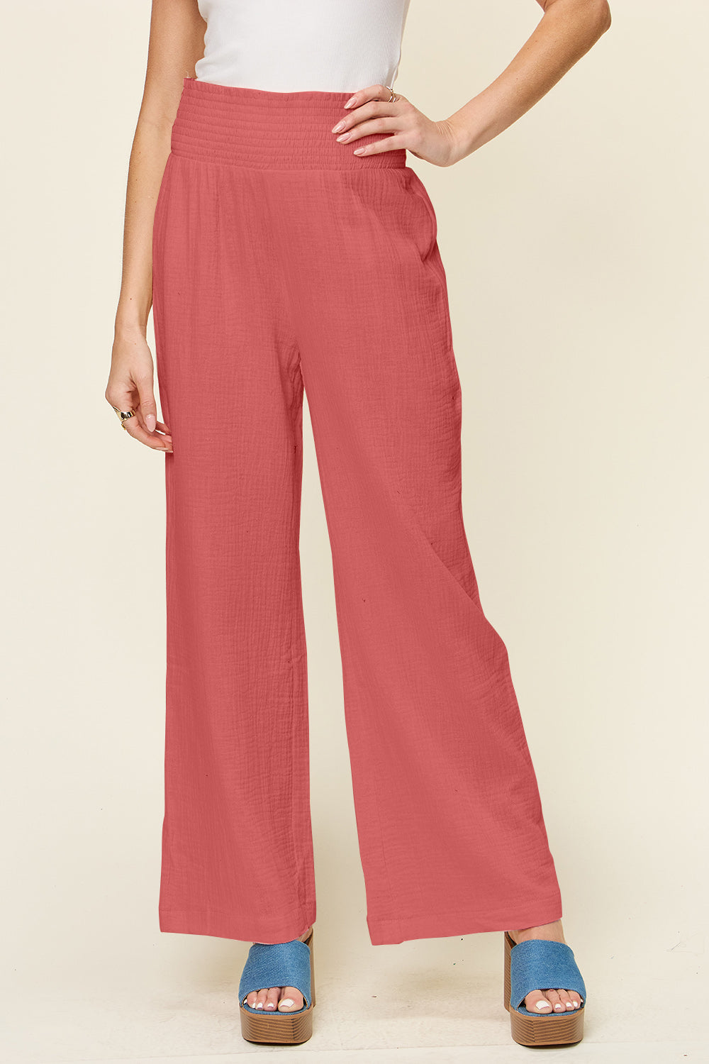 Double Take Texture Smocked Waist Wide Leg Pants