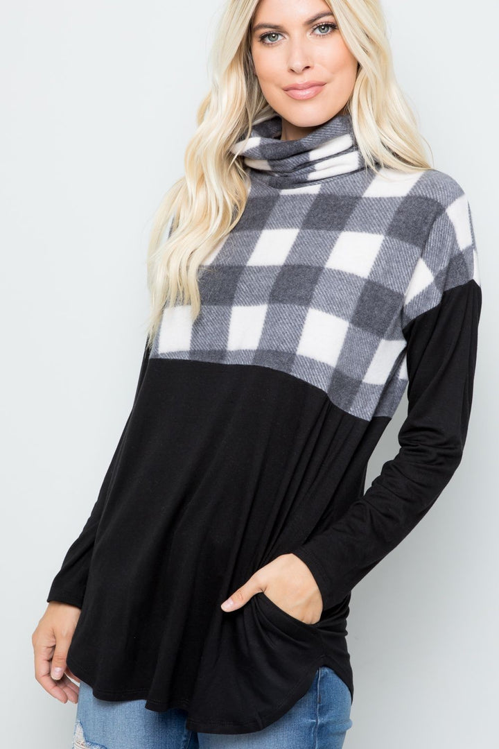 Celeste Plaid Turtleneck Long Sleeve Blouse
