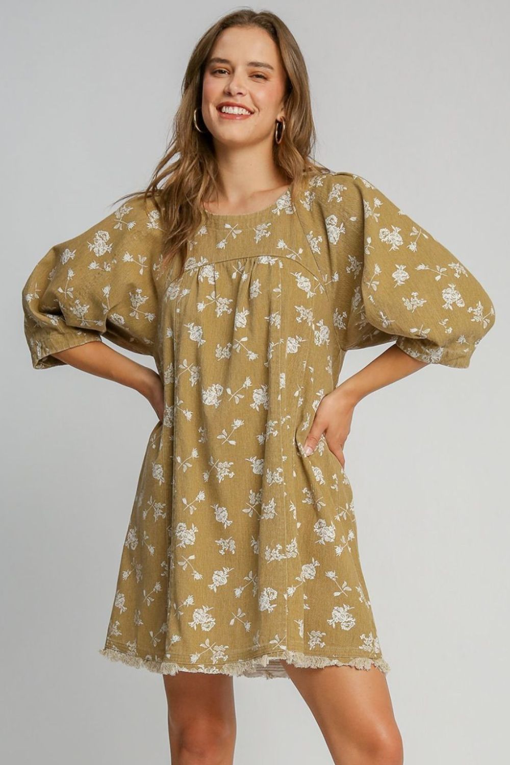 Umgee Raw Hem Floral Print Round Neck Denim Dress