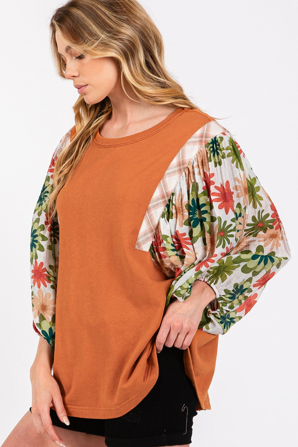 SAGE + FIG Printed Balloon Sleeve Contrast Top