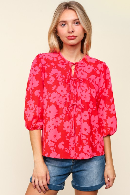 Haptics Ribbon Bow Floral Balloon Sleeve Blouse