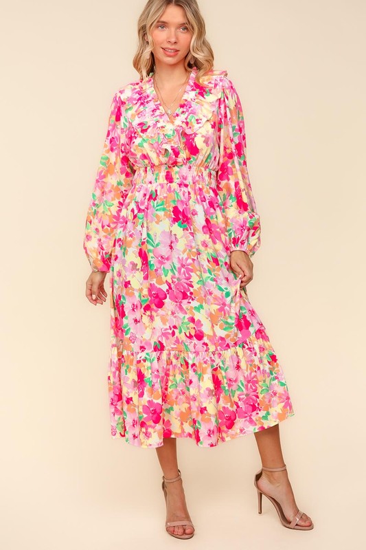 Haptics Floral Surplice Balloon Sleeve Dress with Side Pockets