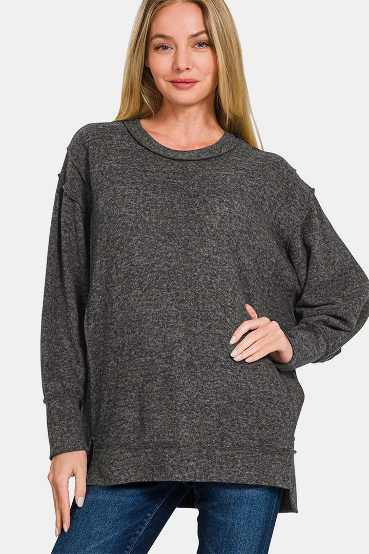 Zenana High-Low Round Neck Long Sleeve Sweater