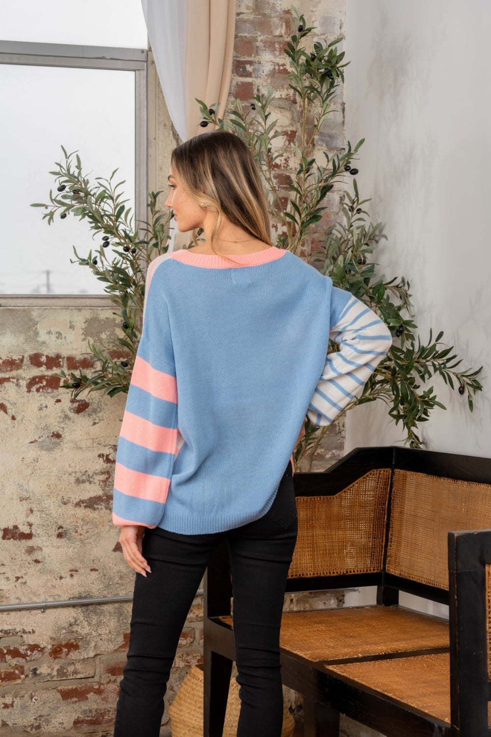 Sew In Love Striped Dropped Shoulder Sweater