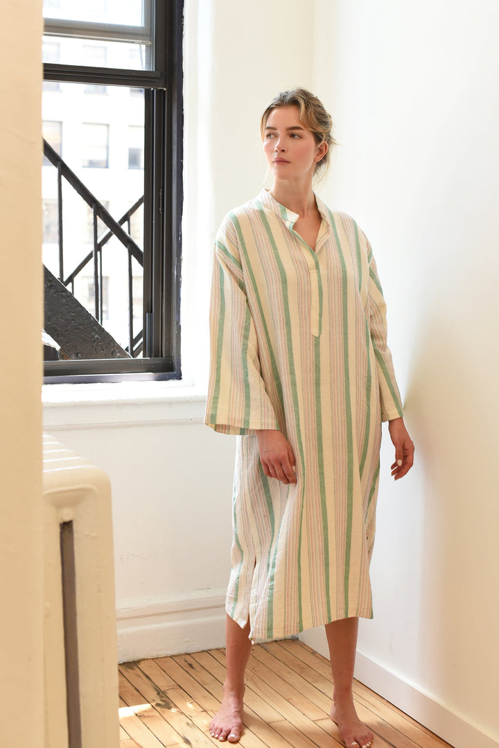 Home & Loft Turkish Cotton Green Ivory Montauk Long Sleeve Maxi Kaftan
