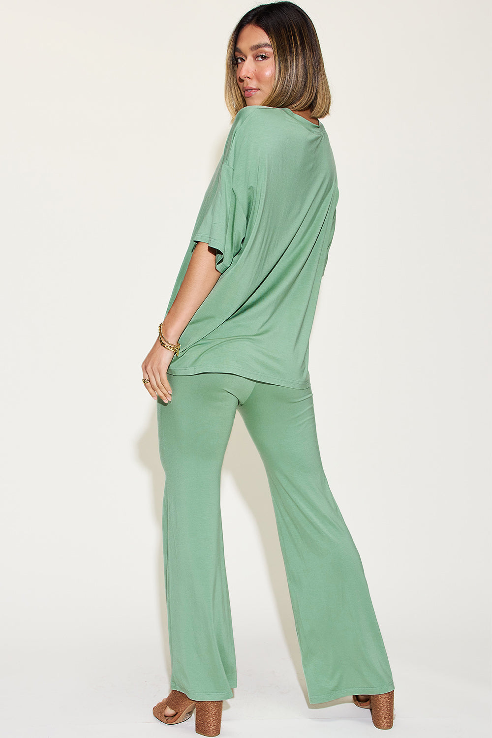 Basic Bae Bamboo Drop Shoulder Top & Flare Pants Set