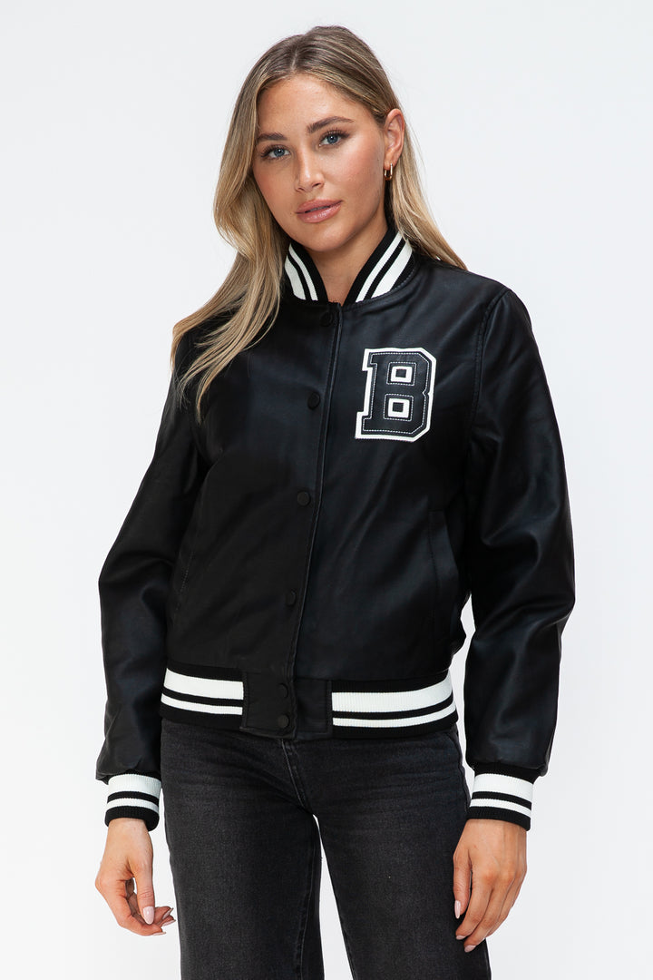 Love Me Now PU Leather Contrast Snap Down Bomber Jacket - Boho Soho