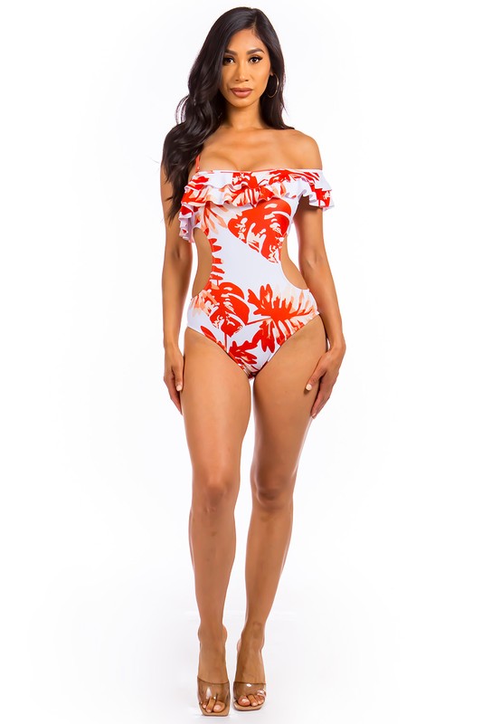 Mermaid Swimwear Cutout Ruffle Palm Print ONE PIECE BATHING SUIT