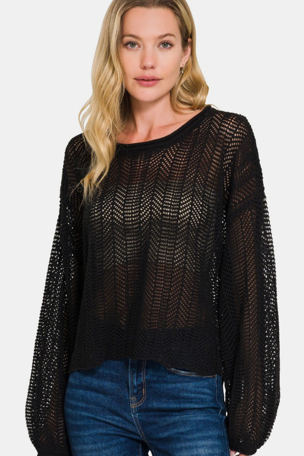 Zenana Hollow Out Long Sleeve Knit Top