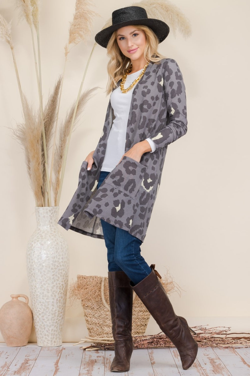 Celeste Leopard Open Front Contrast Cardigan