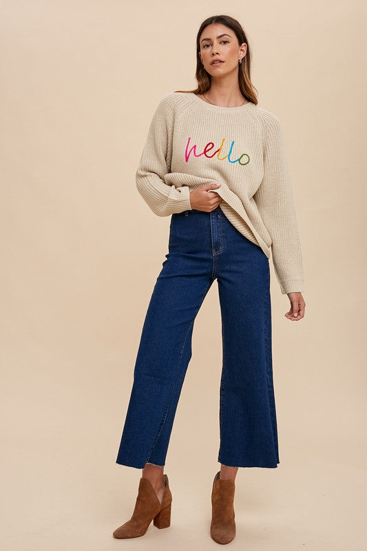 Annie Wear HELLO Embroidered Raglan Sleeve Sweater