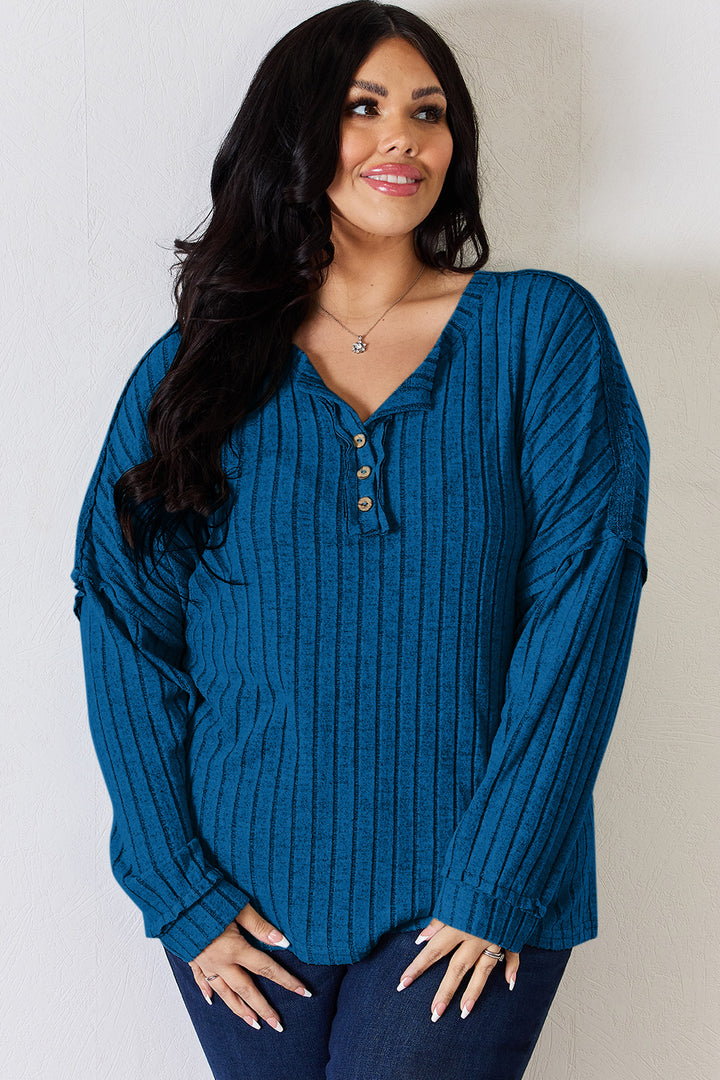 Basic Bae Ribbed Half Button Long Sleeve T-Shirt