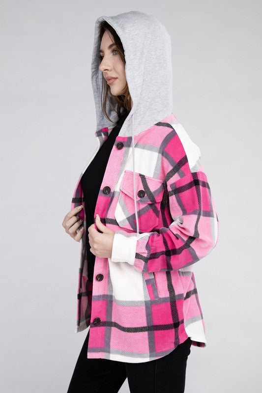 Zenana Plaid Drawstring Hooded Fleece Shacket