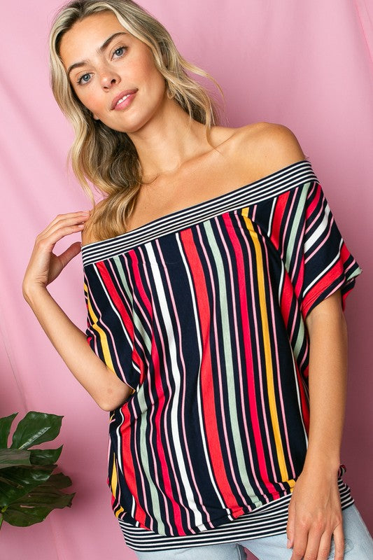 PLUS MULTI STRIPE OFF SHOULDER TOP