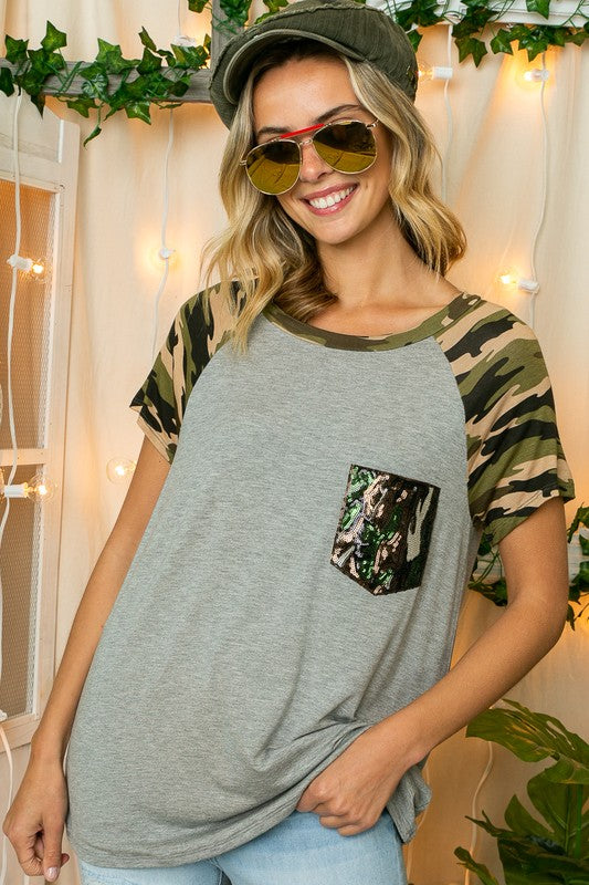 PLUS SOLID CAMO SEQUINS POCKET TOP