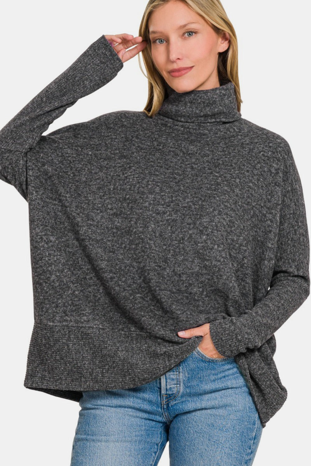 Zenana Brushed Melange Hacci Turtleneck Sweater