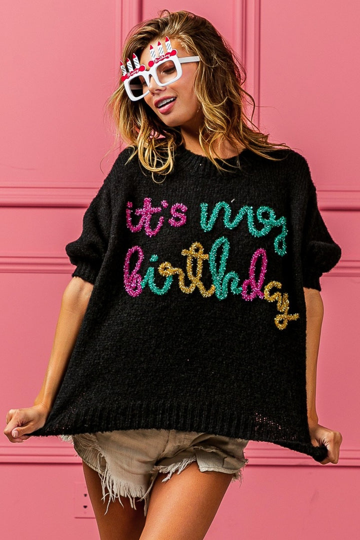 BiBi Metallic IT’S MY BIRTHDAY Puff Sleeve Fuzzy Sweater