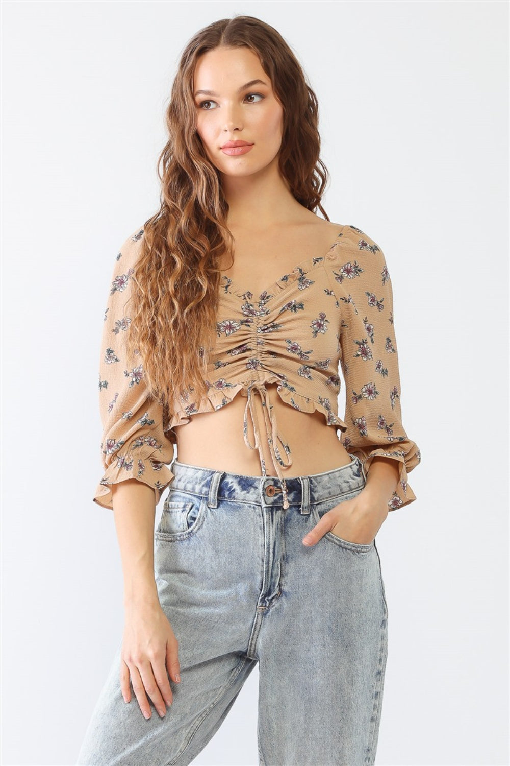 Miss Love Floral Ruffle Smocked Back Ruched Crop Top