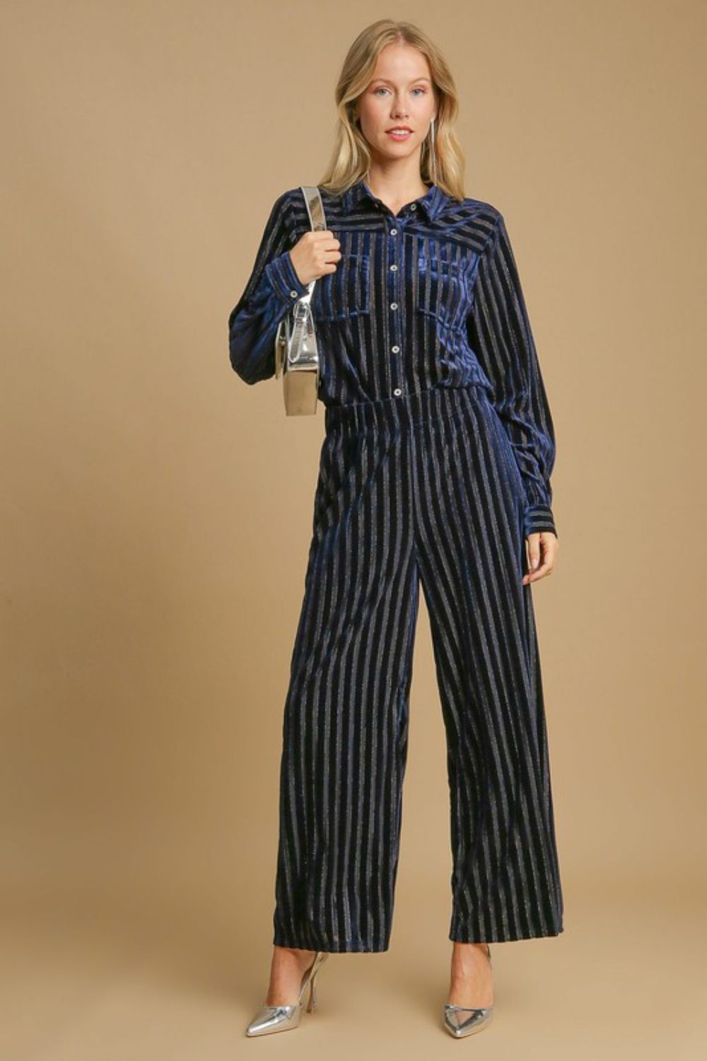 Umgee Elastic Waist Striped Wide Leg Velvet Pants