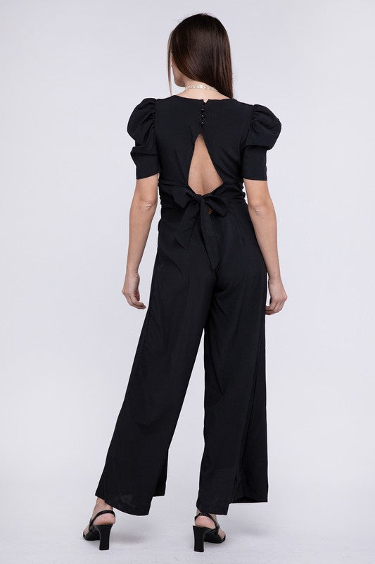 V Neck Puff Sleeve Cutout Jumpsuit