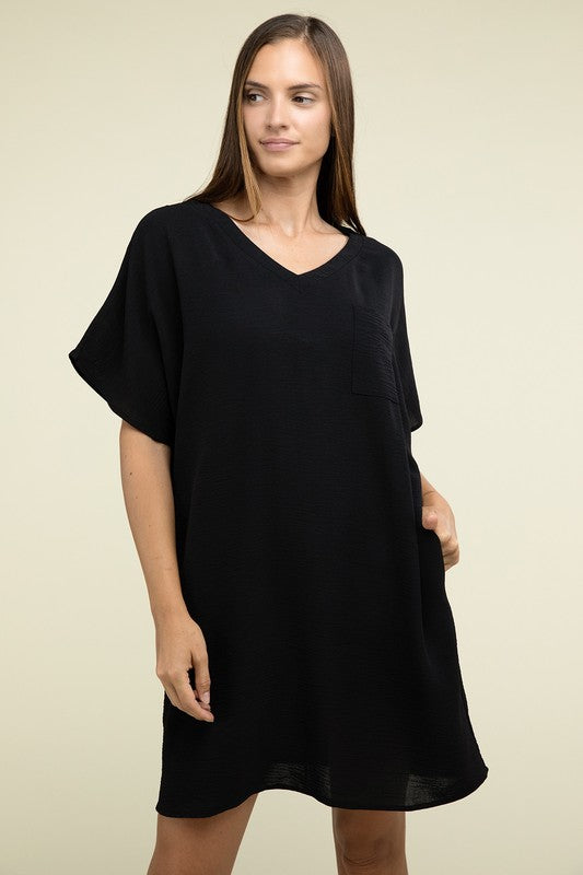 Zenana Woven Airflow V Neck T-Shirt Dress with Pockets