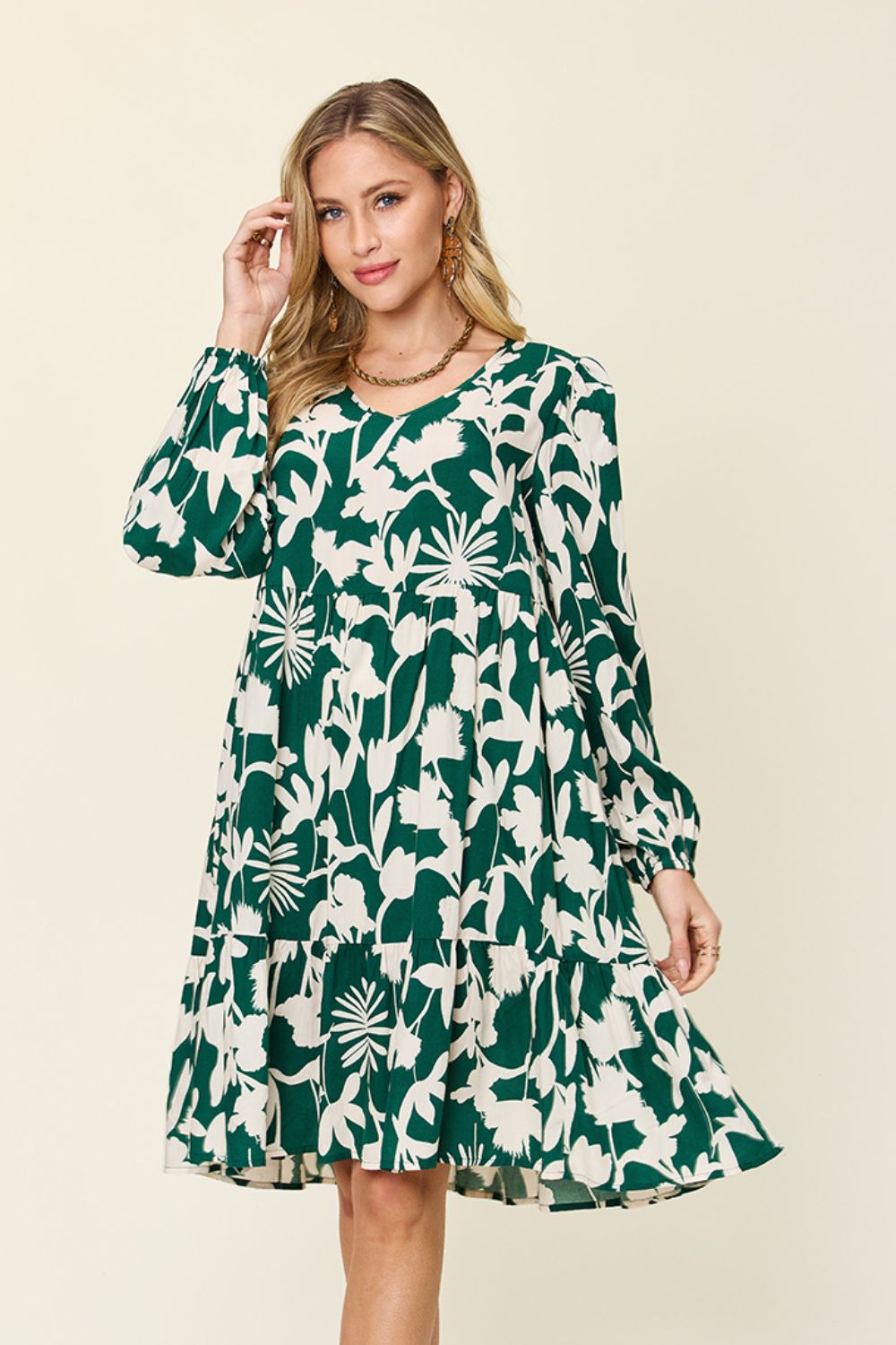 Double Take Full Size Printed Ruffle Hem Dress with Pockets