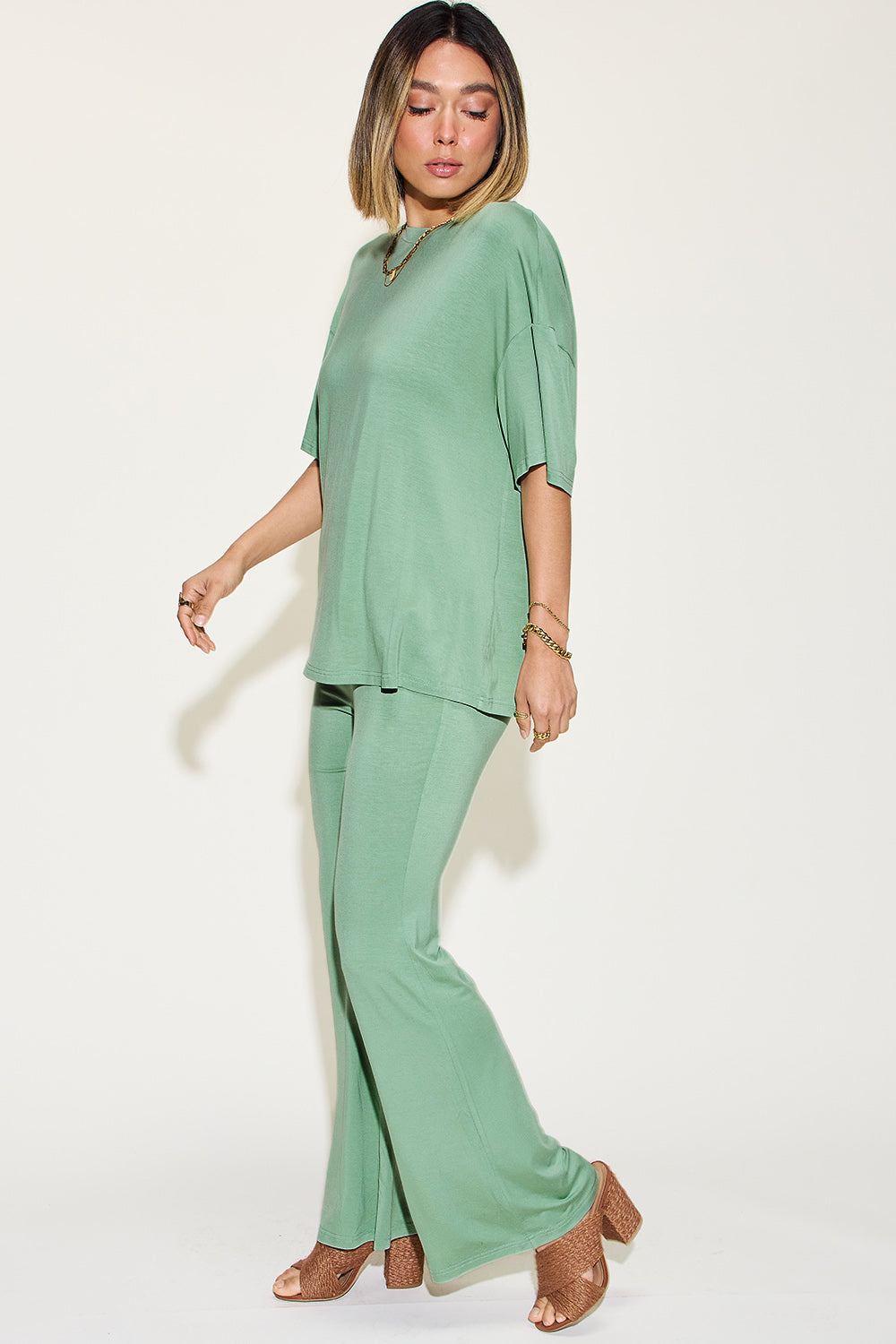 Basic Bae Bamboo Drop Shoulder Top & Flare Pants Set