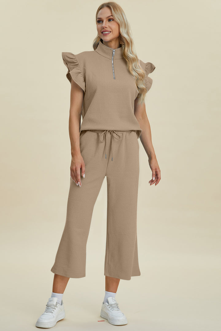 Double Take Full Size Texture Ruffle Short Sleeve Top and Wide Leg Pants Set - Boho Soho