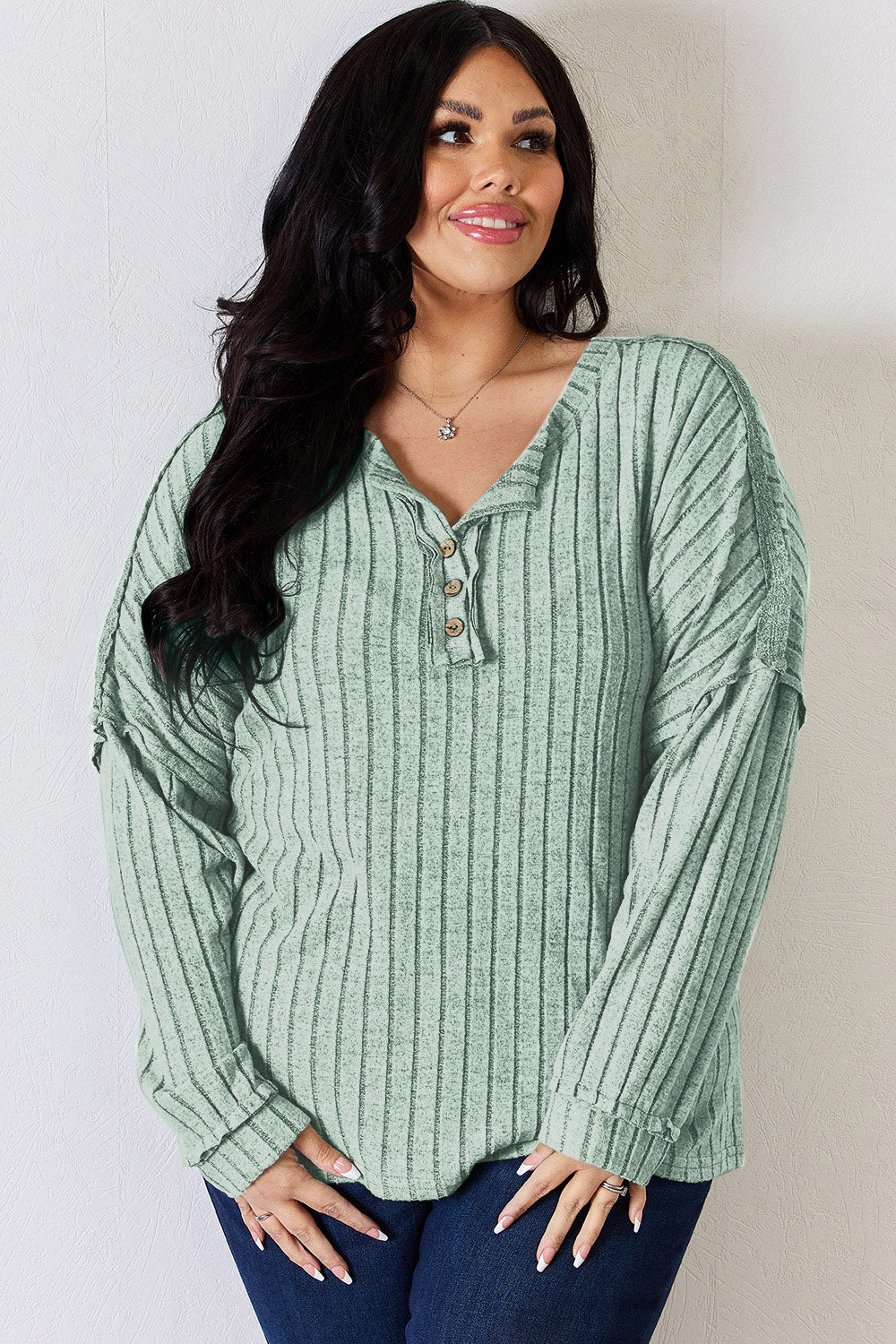 Basic Bae Ribbed Half Button Long Sleeve T-Shirt