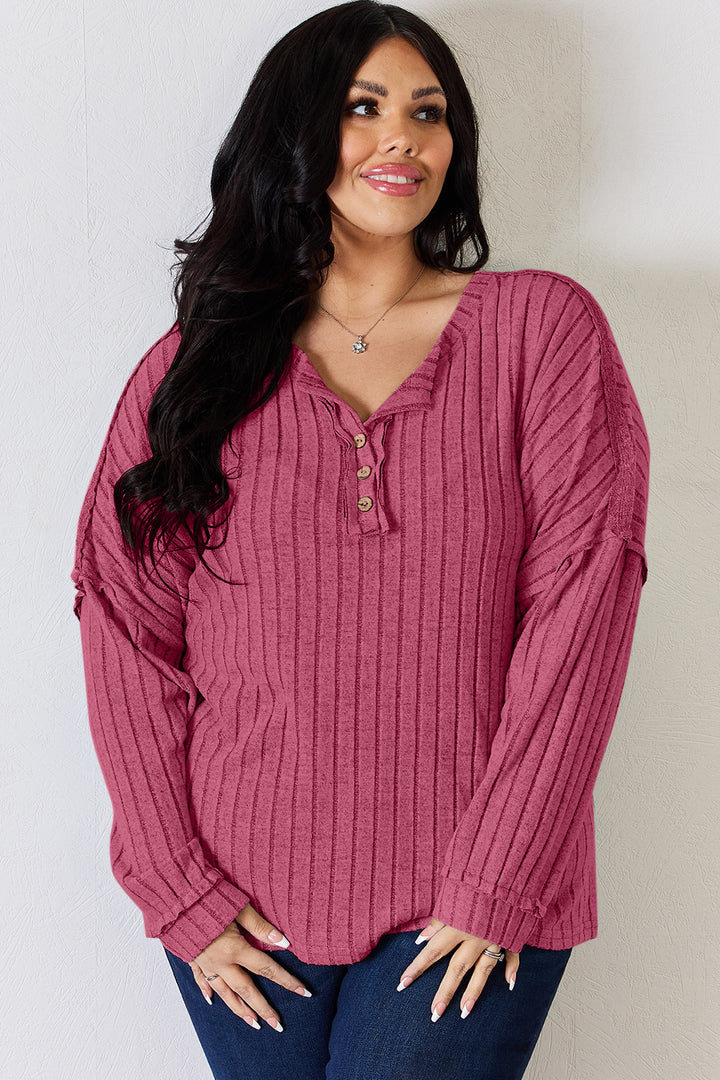 Basic Bae Ribbed Half Button Long Sleeve T-Shirt