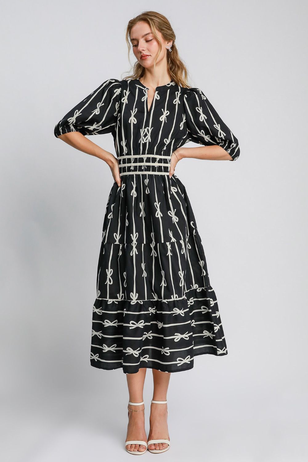 Umgee Bow Print Notched Contrast Velvet Trim Midi Dress