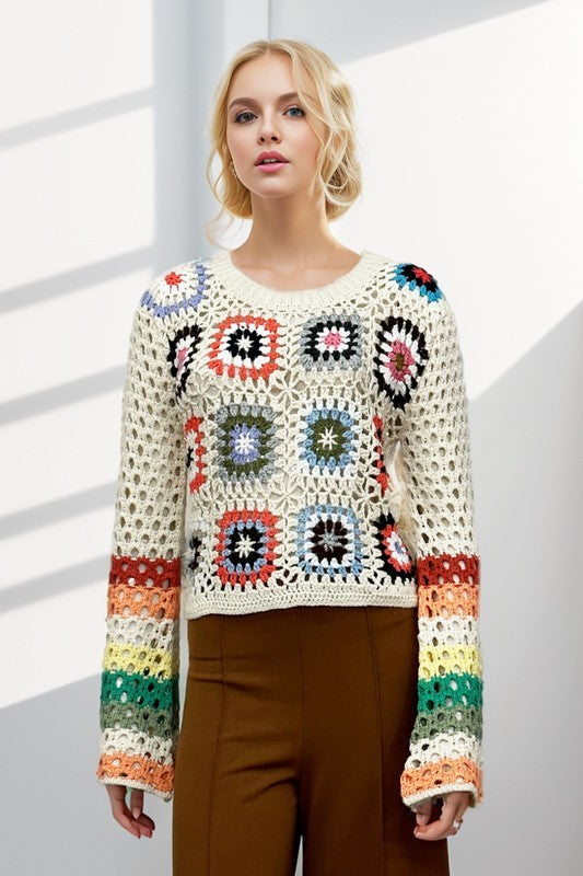 Davi & Dani Floral Crochet Striped Sleeve Cropped Knit Sweater