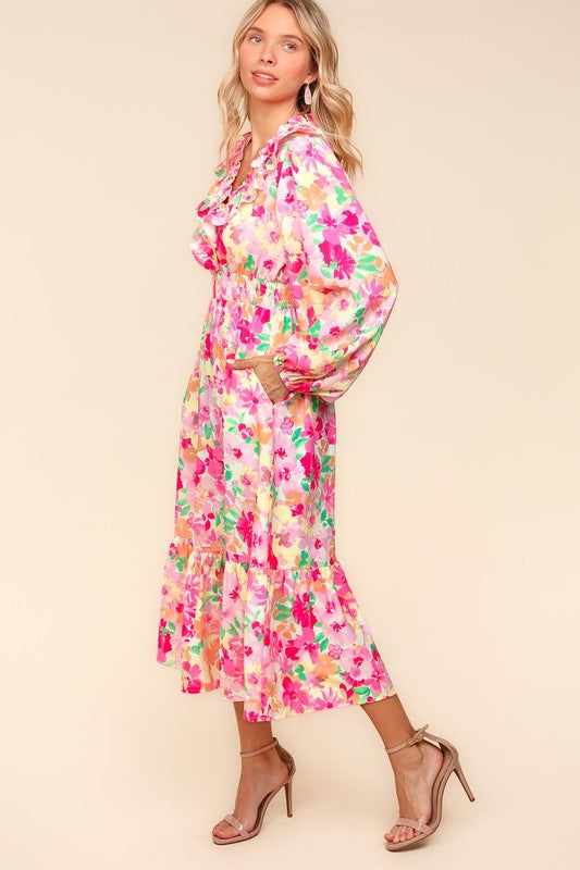 Haptics Floral Surplice Balloon Sleeve Dress with Side Pockets