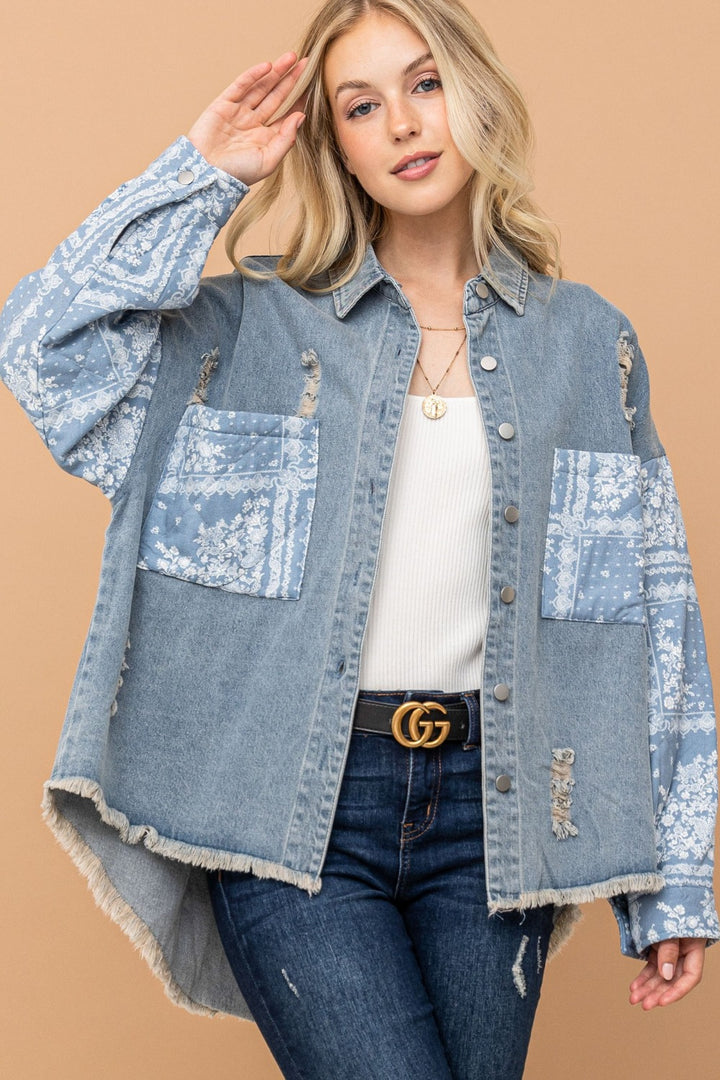 And The Why Paisley Print Quilted Sleeves Denim Jacket