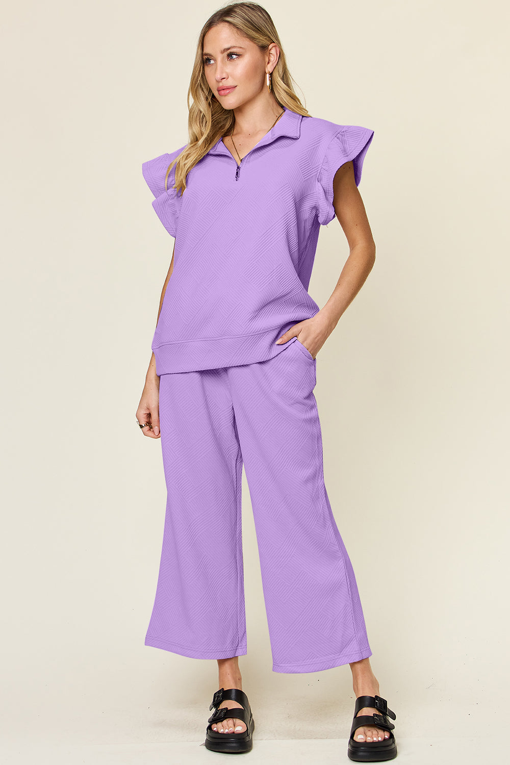 Double Take Texture Ruffle Sleeve Top and Drawstring Wide Leg Pants Set