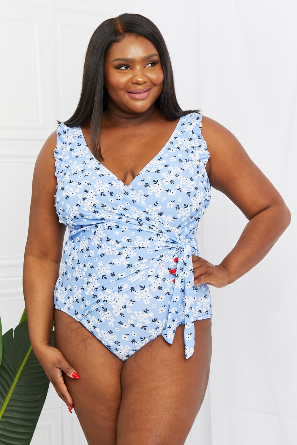 Marina West Swim Float On Ruffle Faux Wrap One-Piece in Blossom Blue