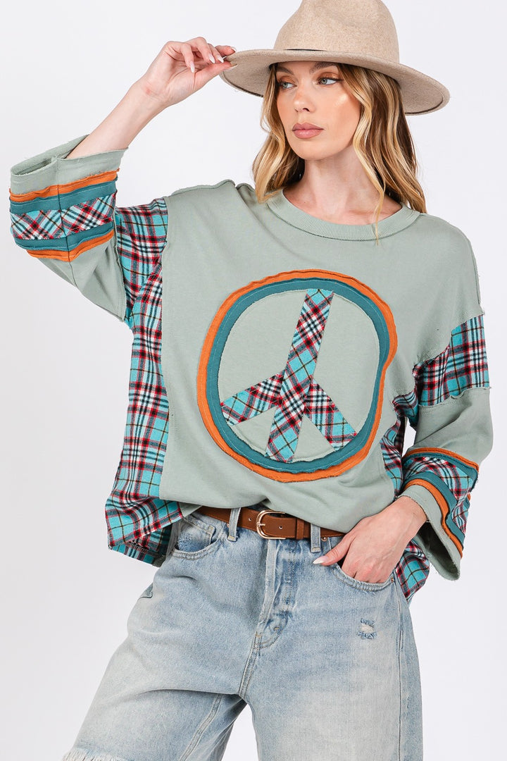 SAGE + FIG Peace Applique Patch Contrast Plaid Top - Boho Soho