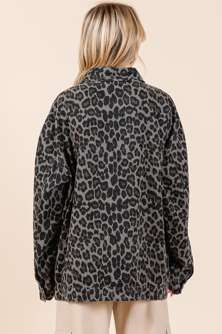 Mittoshop Leopard Button Up Flap Pocket Denim Shacket