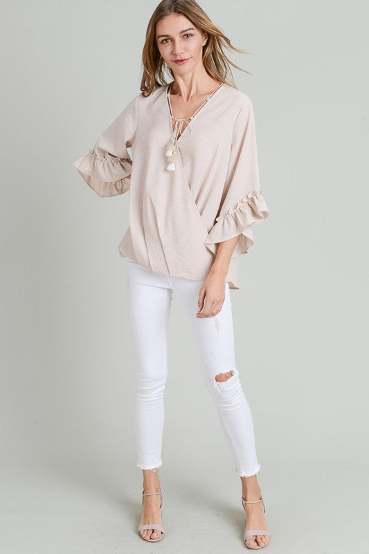 Doe and Rae Surplice Top With Ruffle Sleeve Detail