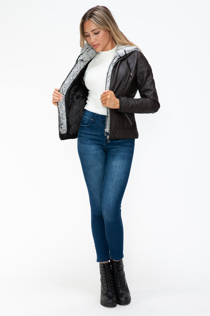 YMI Faux Layered Double-Zipper Faux Leather Jacket with Fuzzy Hood